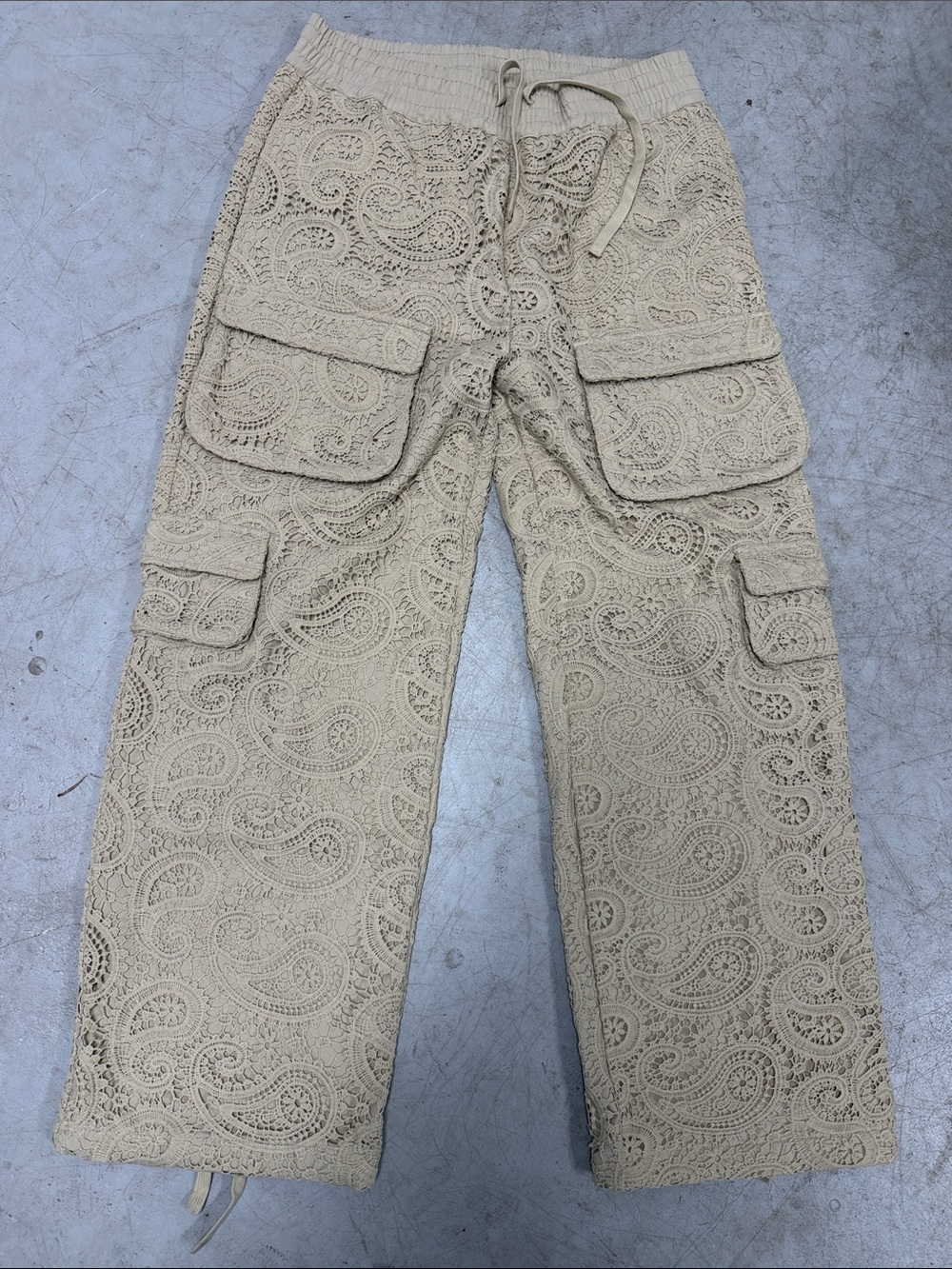 SAALT STUDIO Beige Crochet Cargo Pants, Drawstring Waist Stone Size Medium NWT